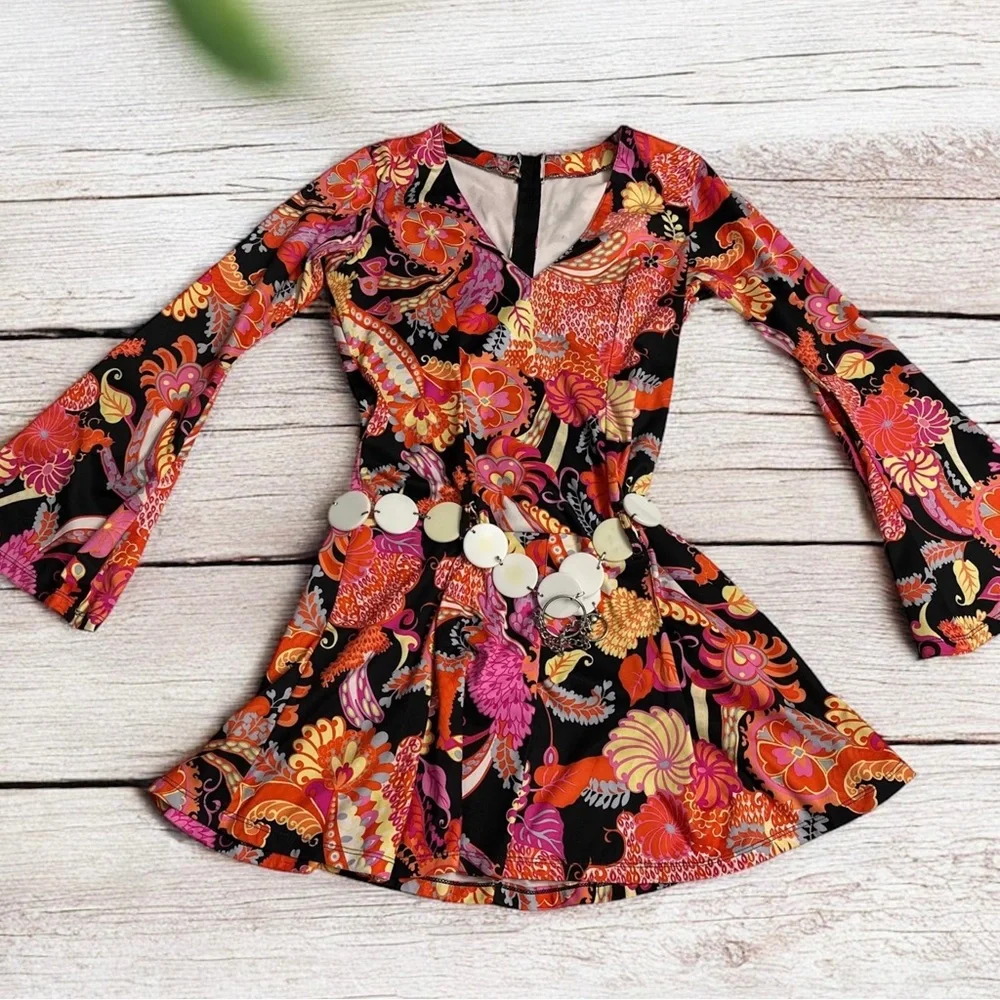 Women’s Multicolor Chic Hippie Paisley Bohemian Go-Go 60’s Mini Dress ~ Size M/L